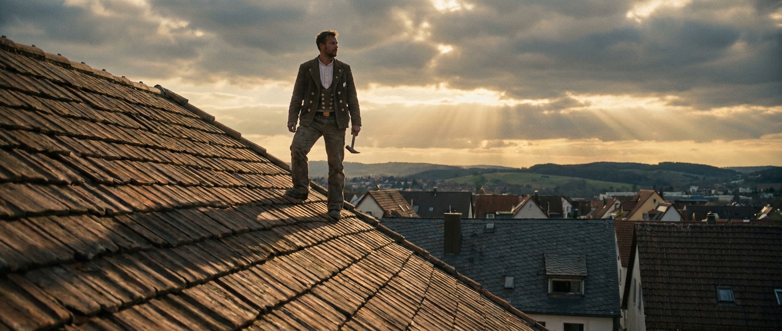 Dachdecker auf dem First eines Daches mit Blick über Stuttgart