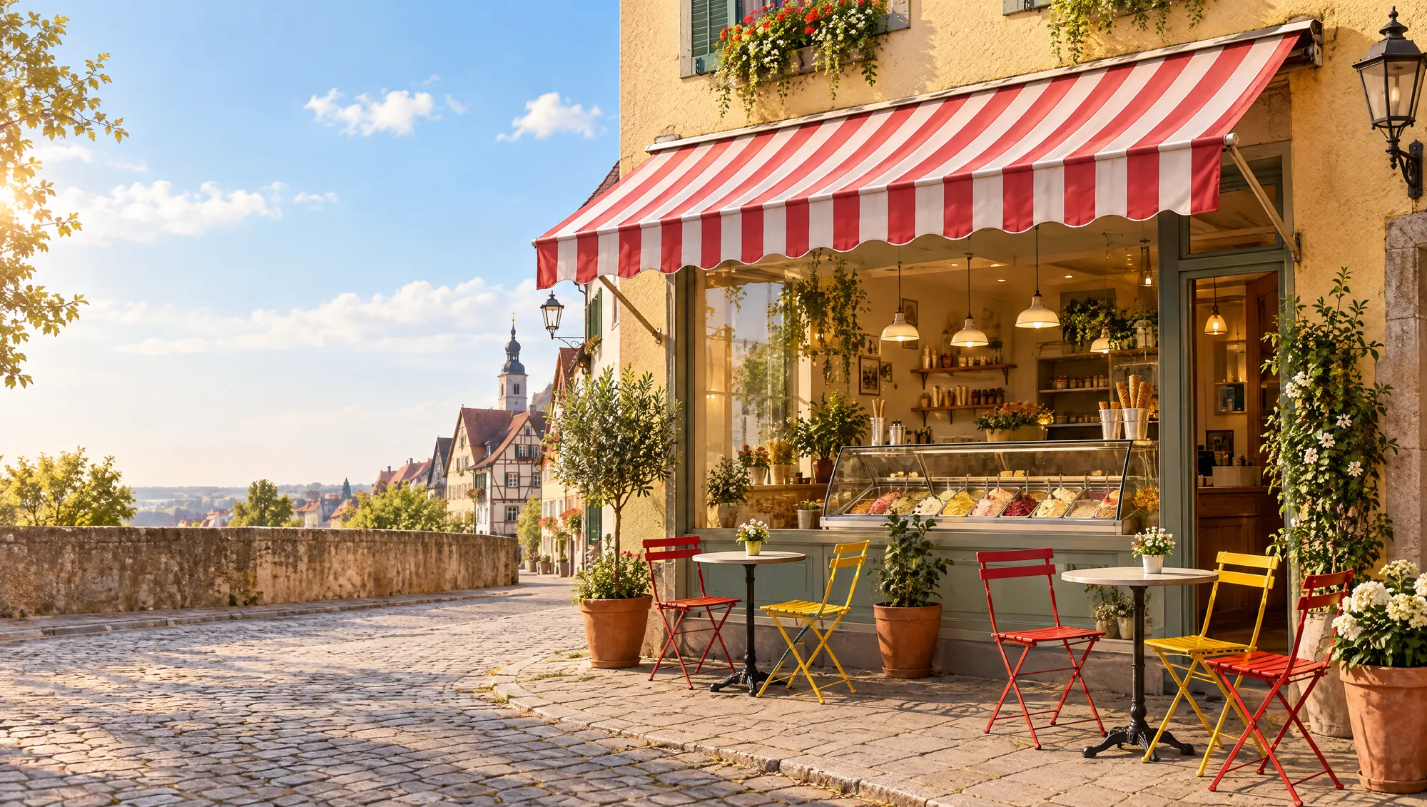 Das Eiscafé von außen: rot-weiße Markise, Schaufenster mit Eisvitrine, Bistrotische auf dem Gehweg