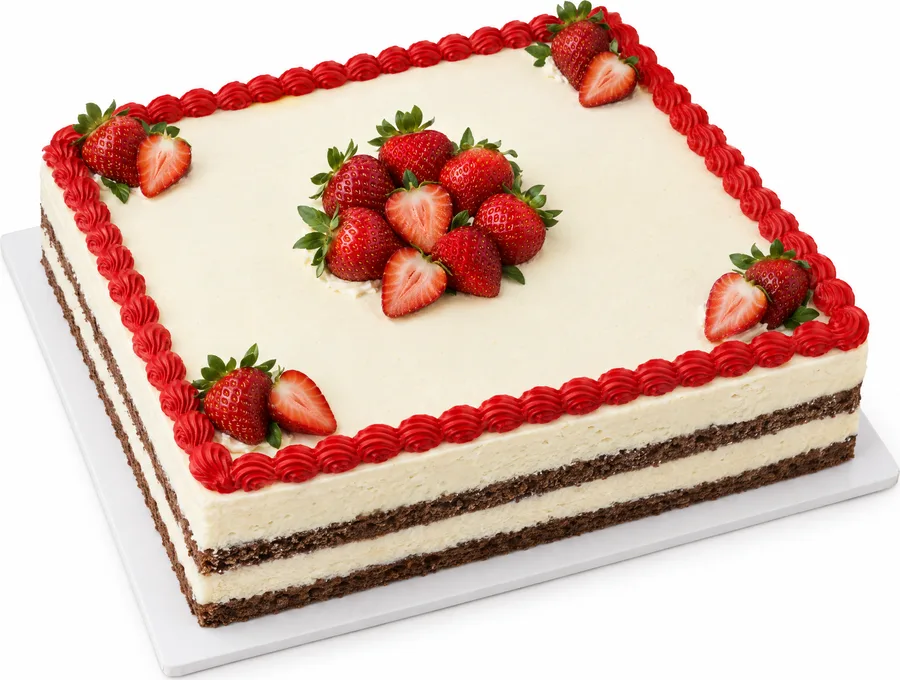 Große Blech-Eistorte mit Erdbeeren und rotem Rand, 30 × 40 cm