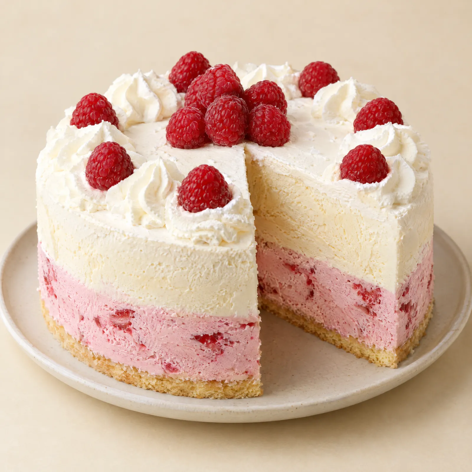 Angeschnittene Eistorte mit Himbeeren