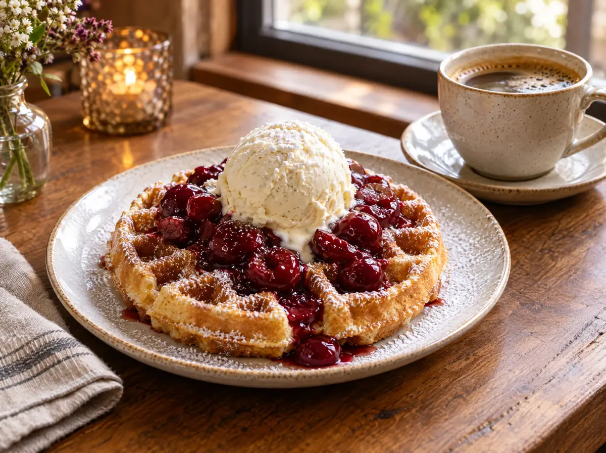 Waffel mit heißen Kirschen und Vanilleeis
