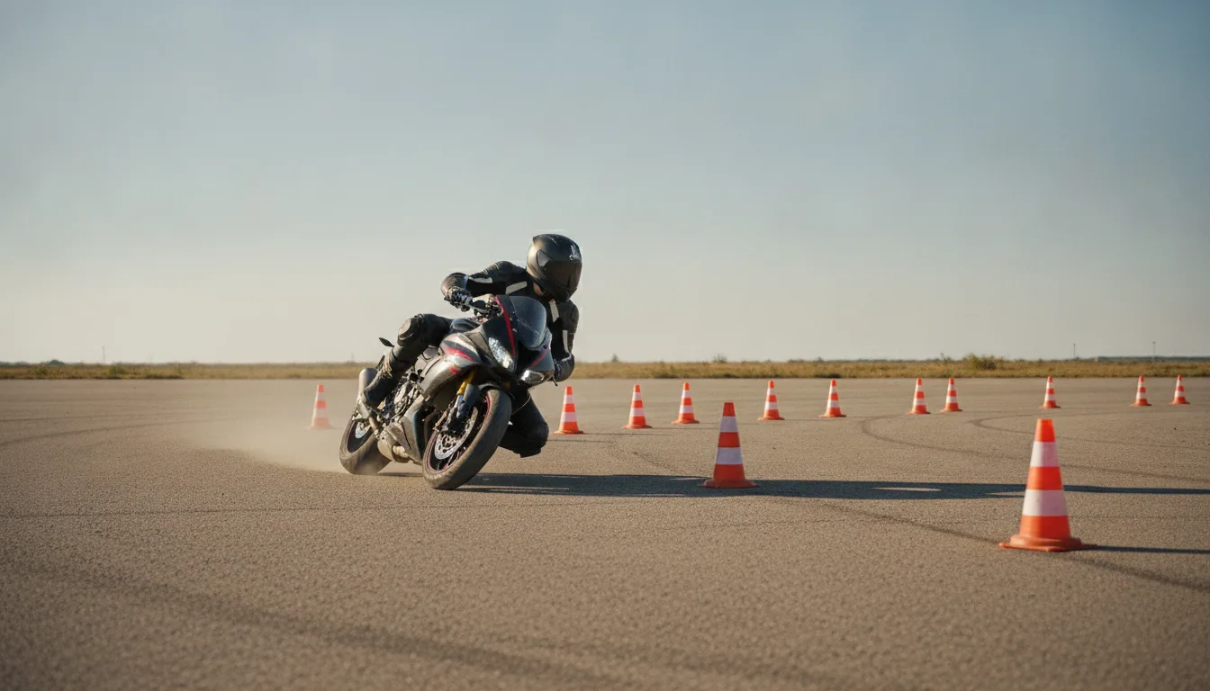 Motorradfahrer:in beim Slalom-Training auf einem sonnigen Übungsplatz