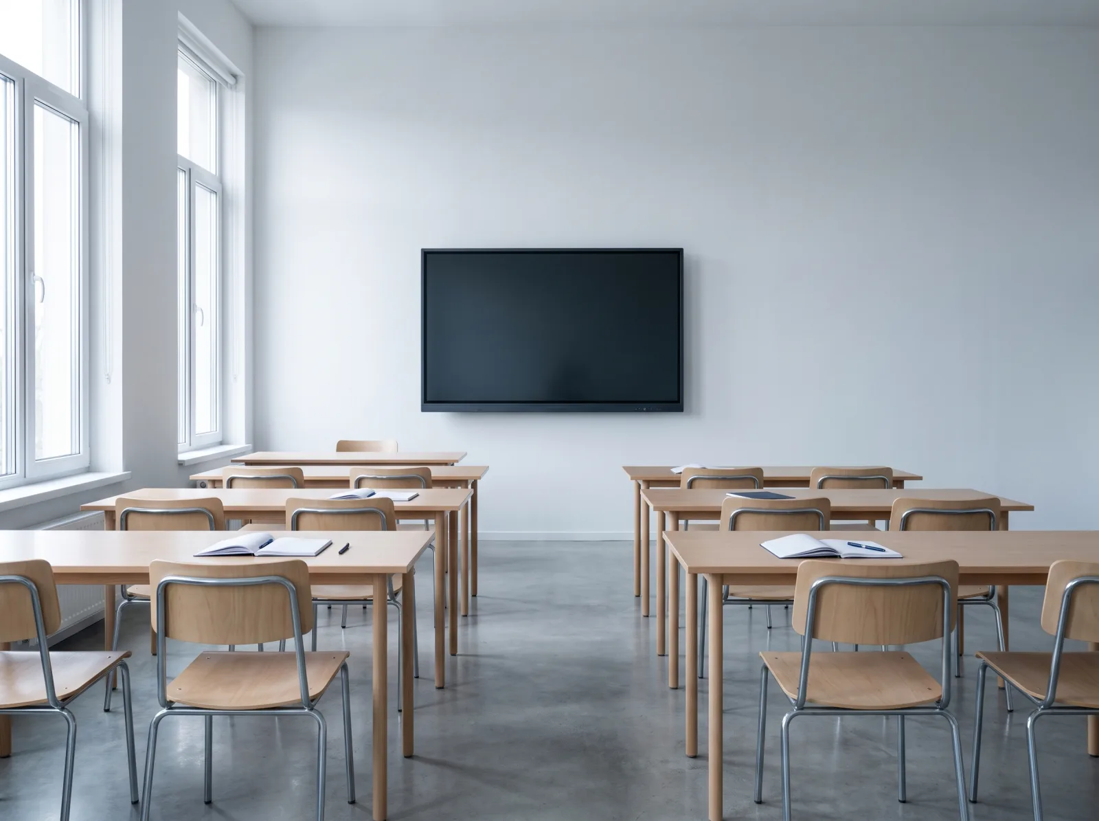 Heller Theorieraum der Fahrschule mit Holztischen und großem Bildschirm