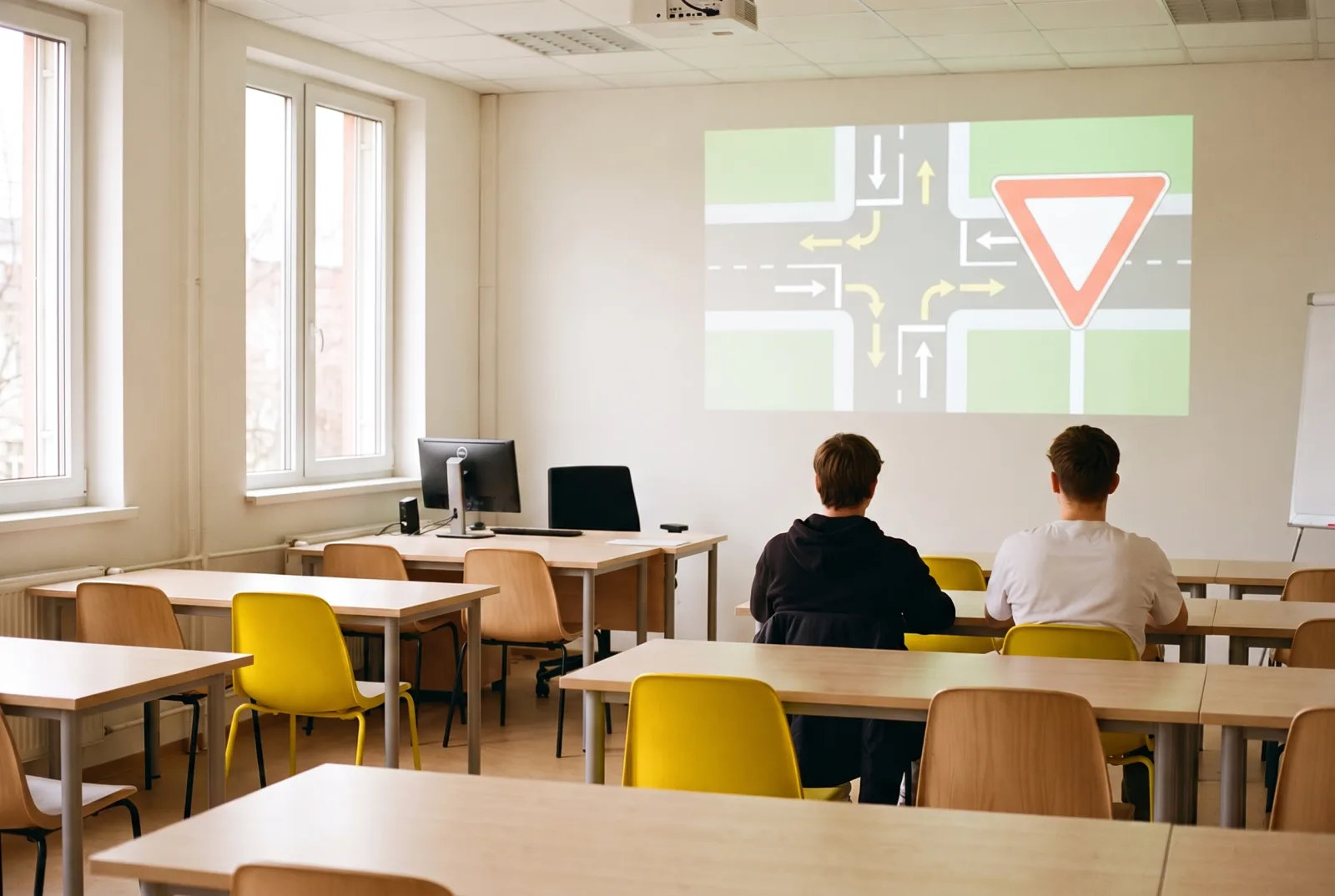 Theorieraum der Fahrschule DRIVEON mit bunten Stühlen und Beamer