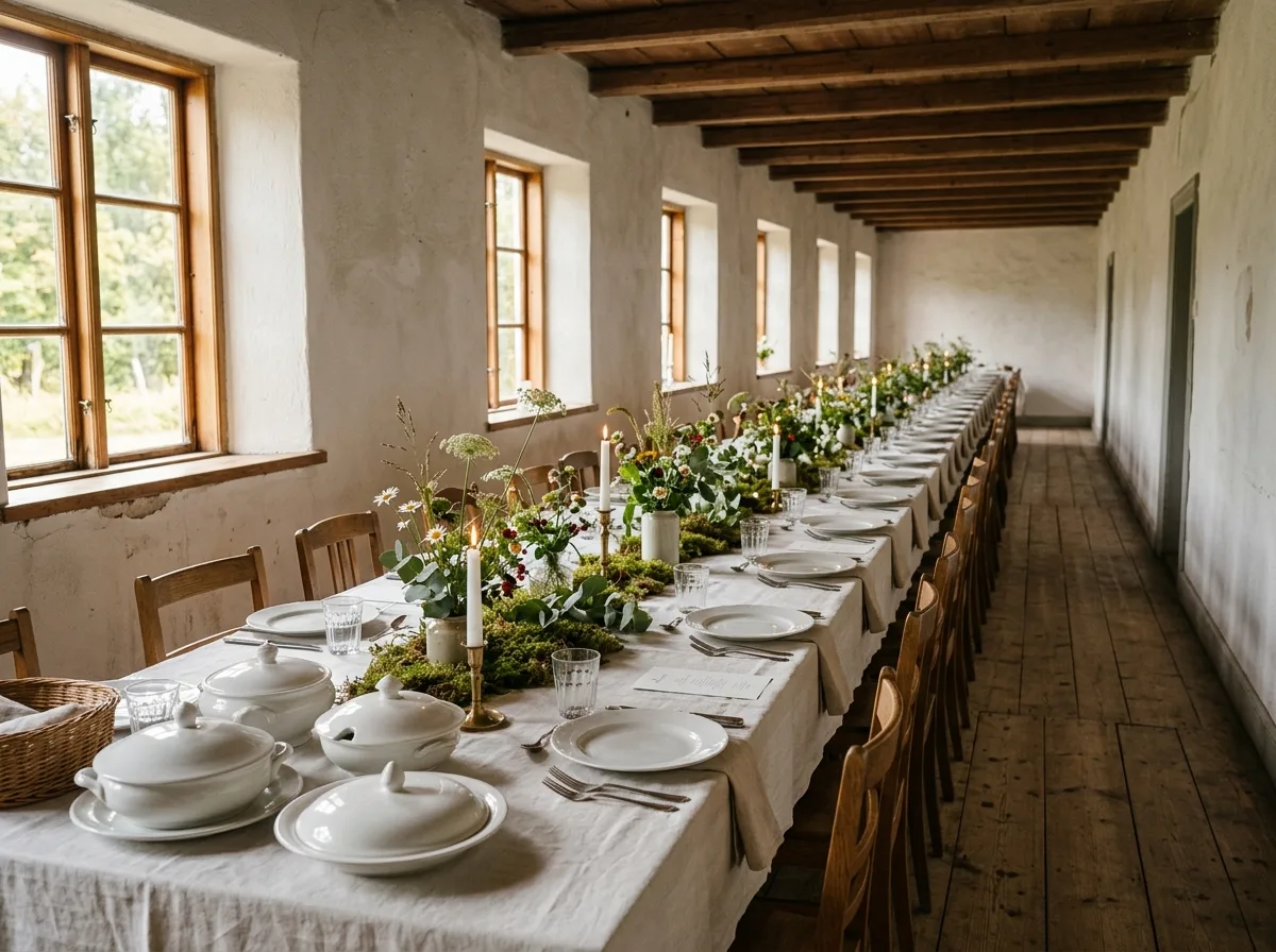 Lange gedeckte Tafel im Saal, Leinen und Wiesenblumen