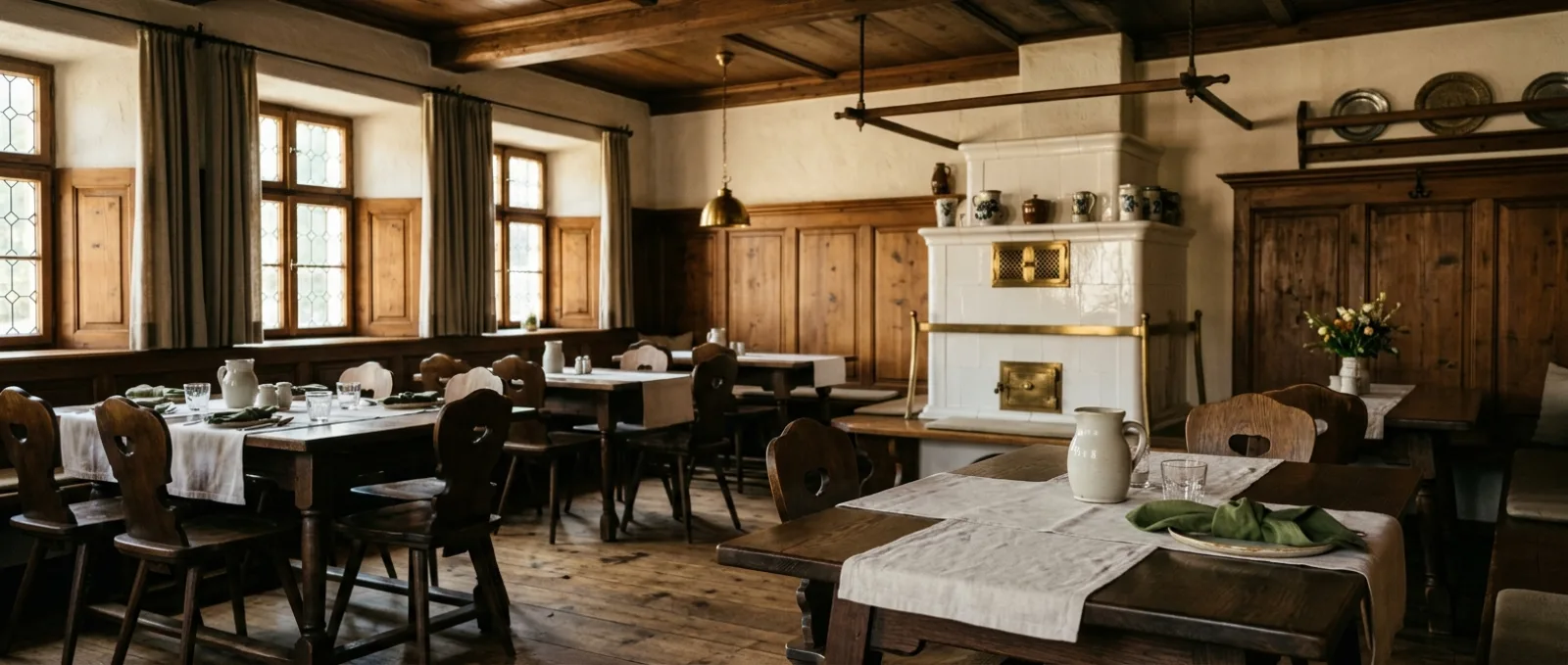 Die Gaststube mit Kachelofen und gedeckten Holztischen