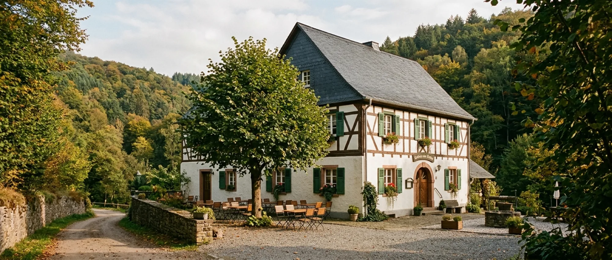 Der Landgasthof von außen, ein weiß verputztes Fachwerkhaus am Waldrand