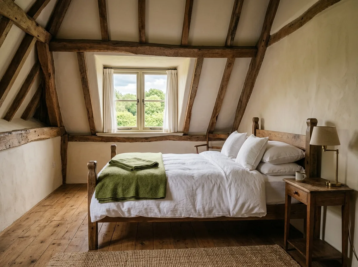 Gästezimmer unter dem Dach mit Holzbalken und Dachfenster