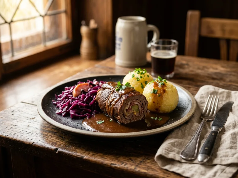 Rinderroulade mit Rotkraut und Klößen